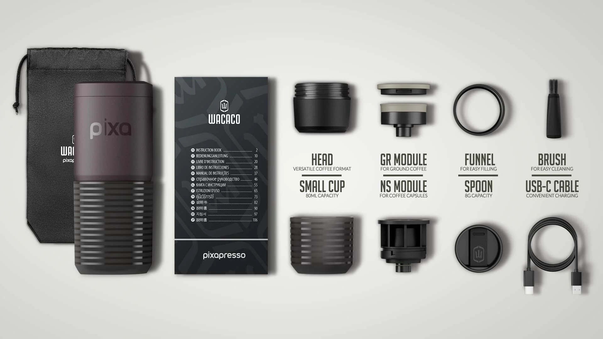 Wacaco Pixapresso kávéfőző tartozékokkal: fej, GR/NS modulok, tölcsér, kanál, kefe, USB-C kábel.