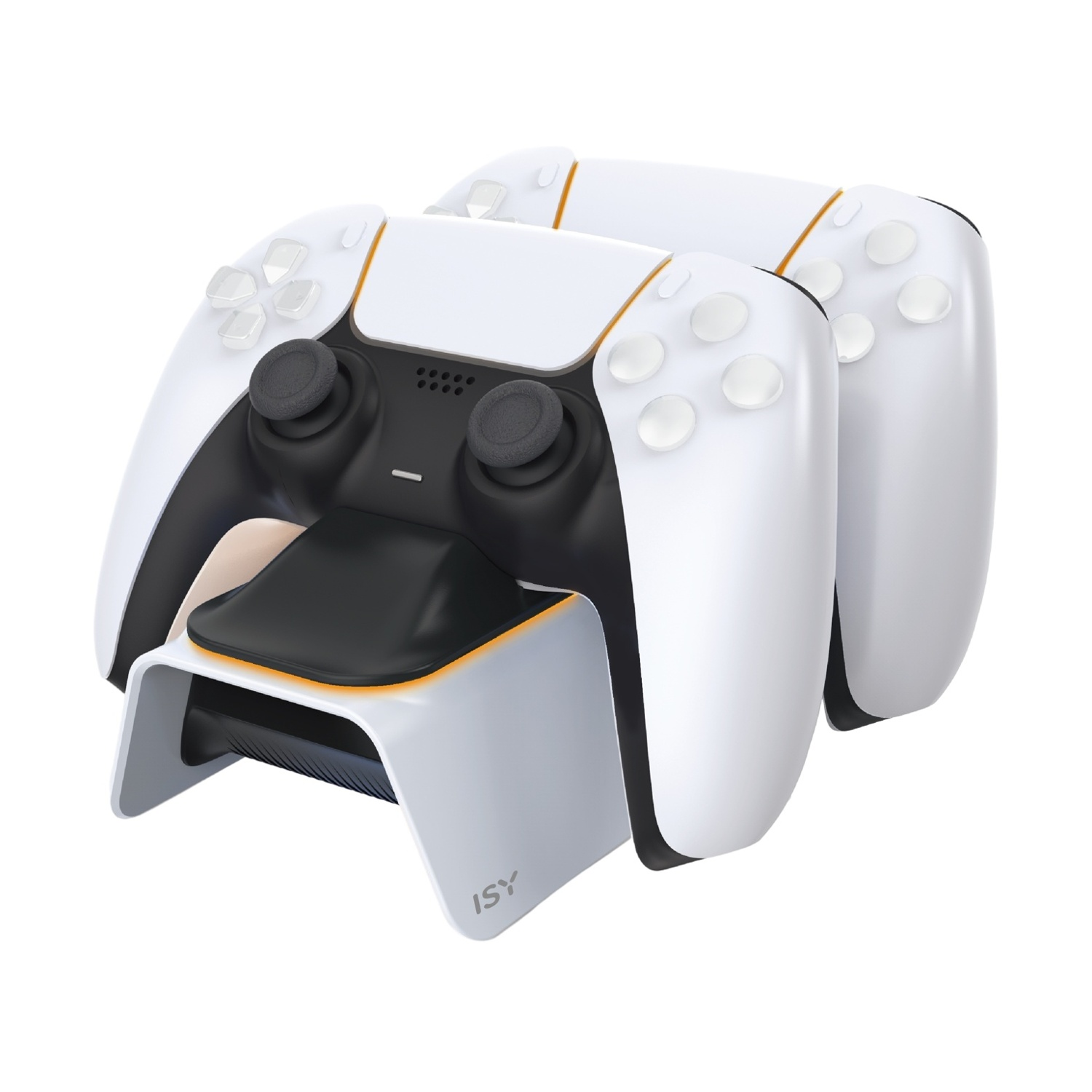Due controller bianchi su un supporto di ricarica bianco con accenti arancioni.