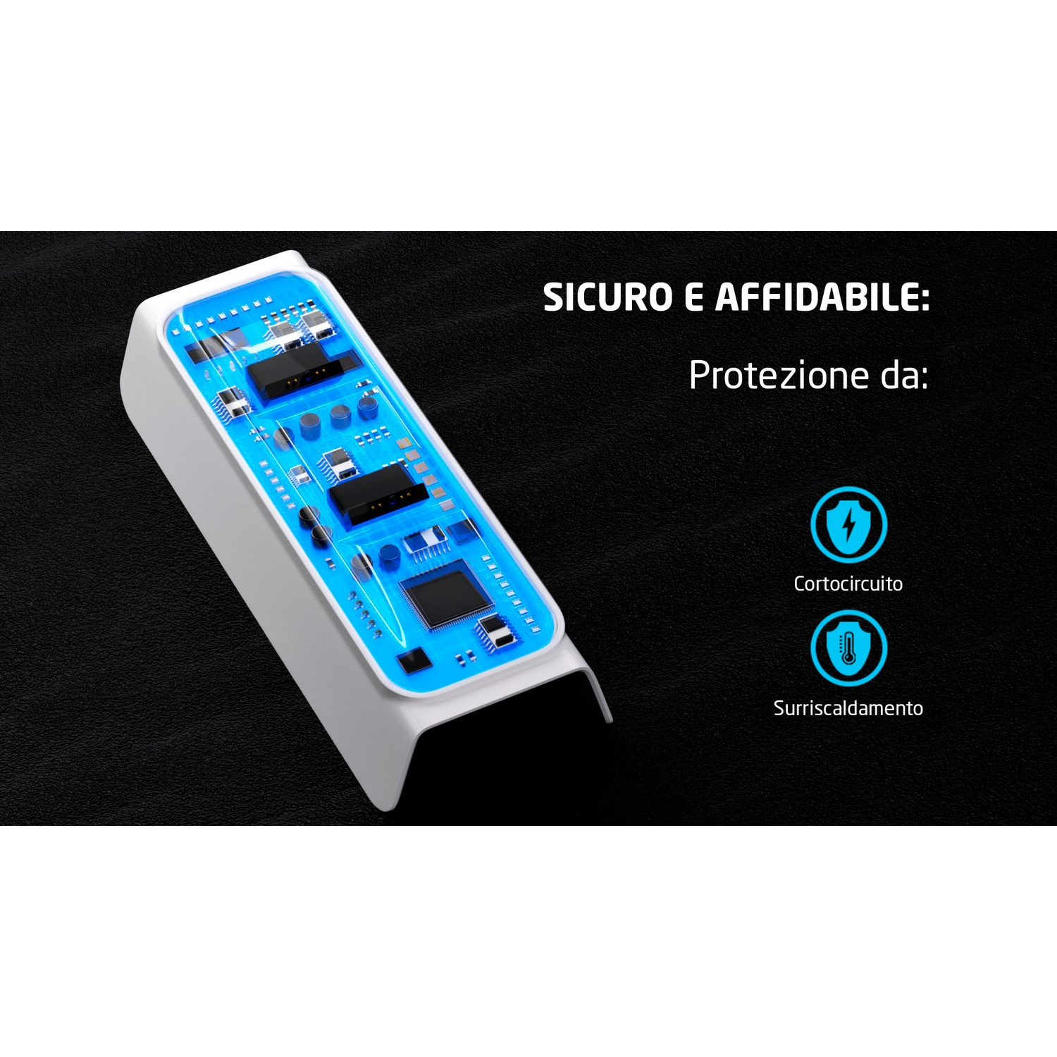 Dispositivo bianco con circuito blu, offre protezione da corto circuito e surriscaldamento.