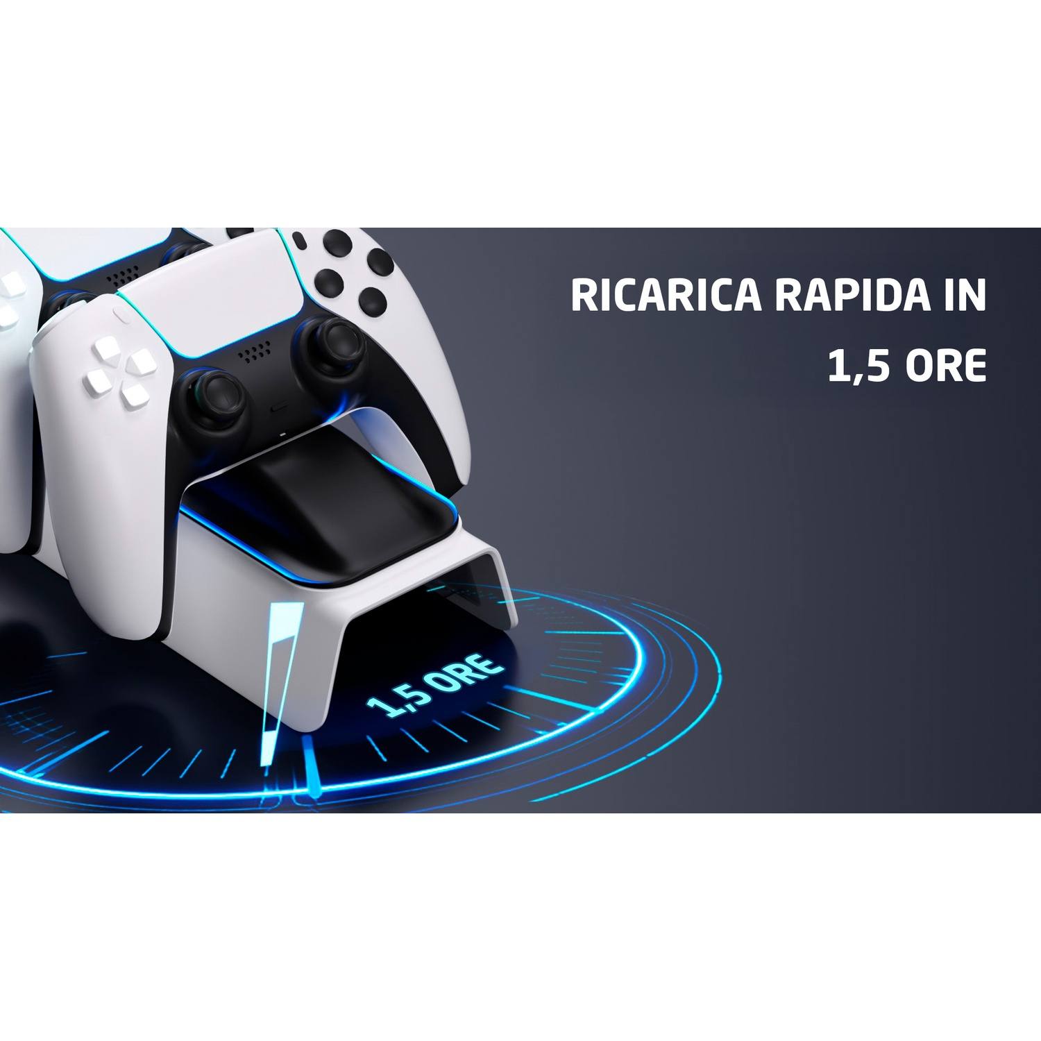 Due controller bianchi su una stazione di ricarica con luci blu e testo.