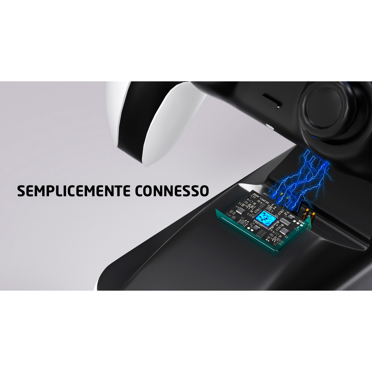 Un controller nero con un circuito stampato e fulmini blu.