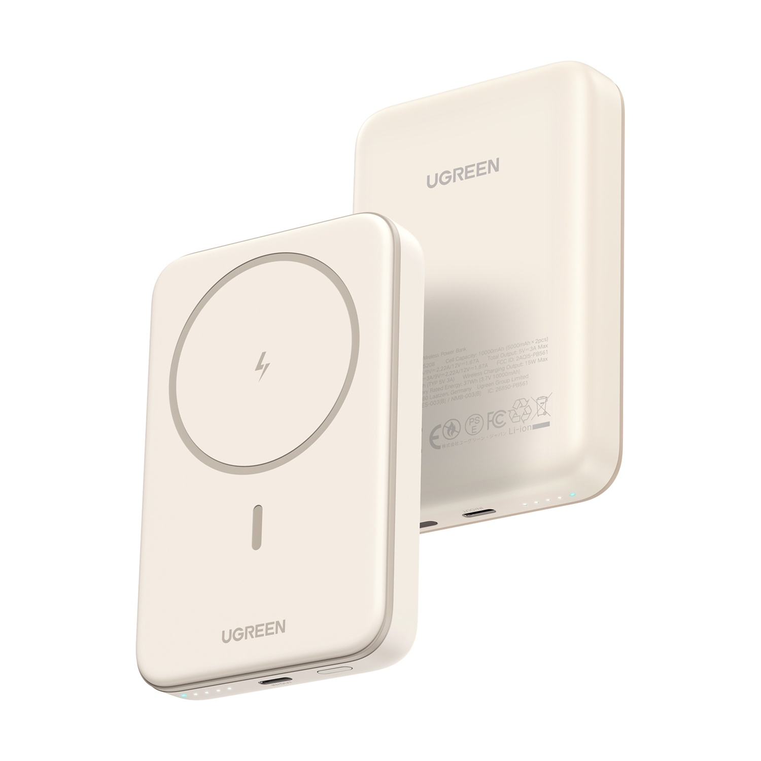 Due power bank wireless UGREEN beige. Una davanti, una angolata dietro. La frontale ha simboli di ricarica.