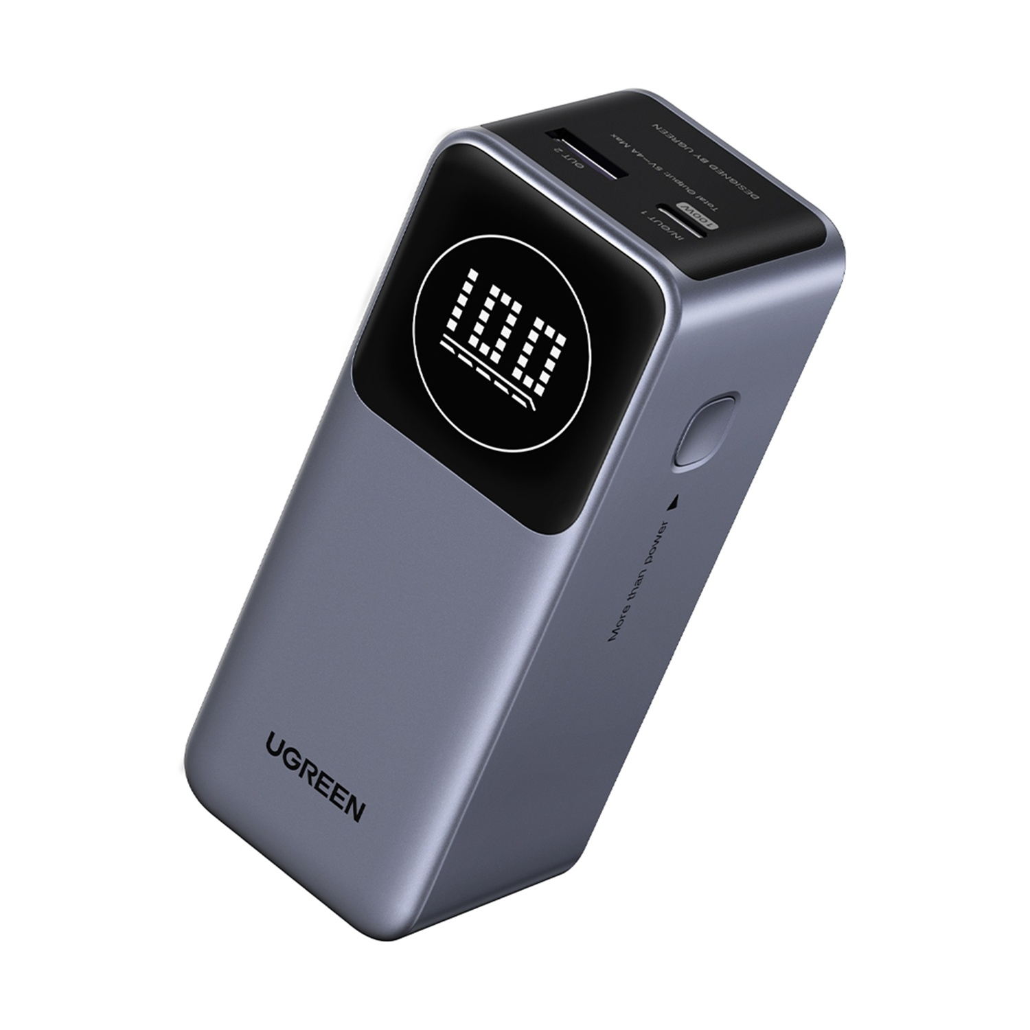 Power bank UGREEN grigio con display digitale da 100W e porte.