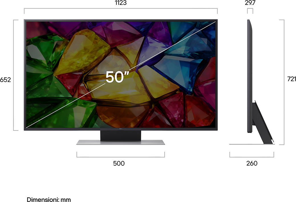 50 hüvelykes TV színes geometriai mintákkal, méretekkel feltüntetve.
