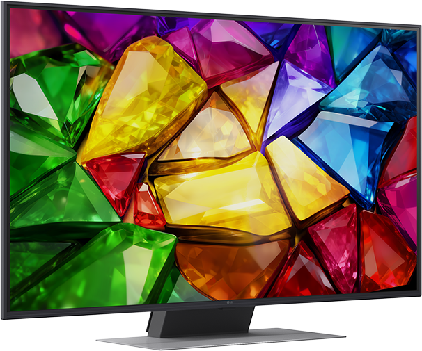 Egy TV a vörös, zöld, sárga és kék színű drágakövek kaleidoszkópját mutatja.