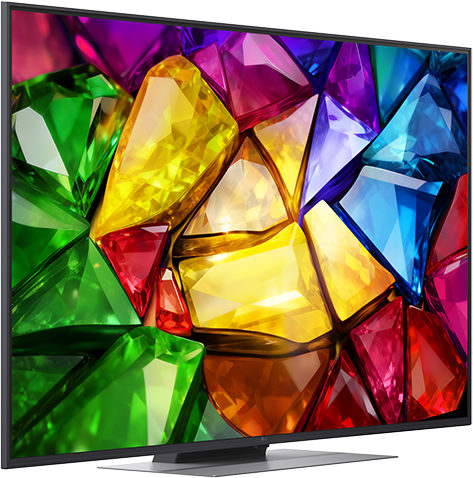 Egy TV zöld, sárga, piros és kék színű, színes drágakövek kaleidoszkópját mutatja.