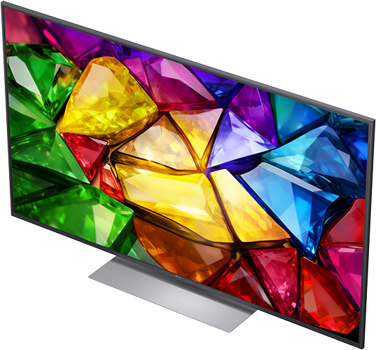 Egy modern TV élénk képernyőt mutat, színes, geometriai drágakő-szerű formákkal.