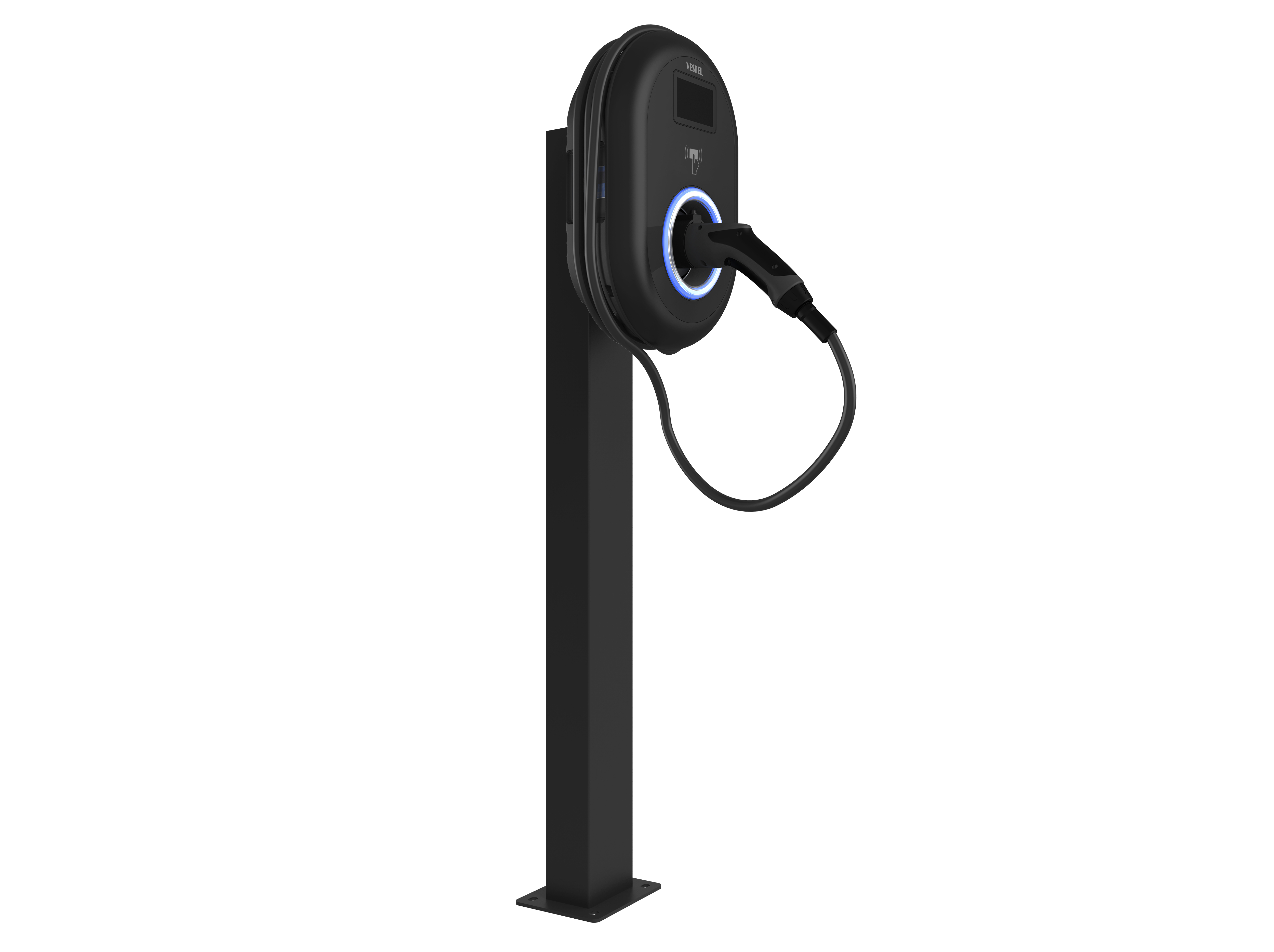 Schwarze Ladestation für Elektroautos mit blauem Lichtring und Kabel.