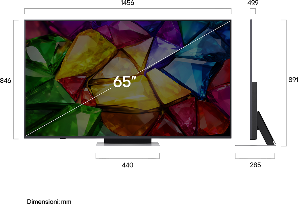 65 hüvelykes TV drágakő háttérrel. Méretek: 1456x846x49.9mm.