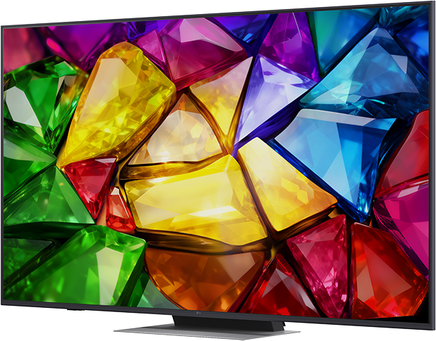 Egy televízió színes, csiszolt drágakövek sárga, zöld, kék és piros színű kaleidoszkópját mutatja.