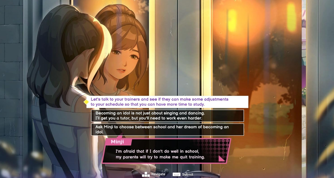 Anime-Mädchen diskutieren über Training und Schule, mit Textfeldern.