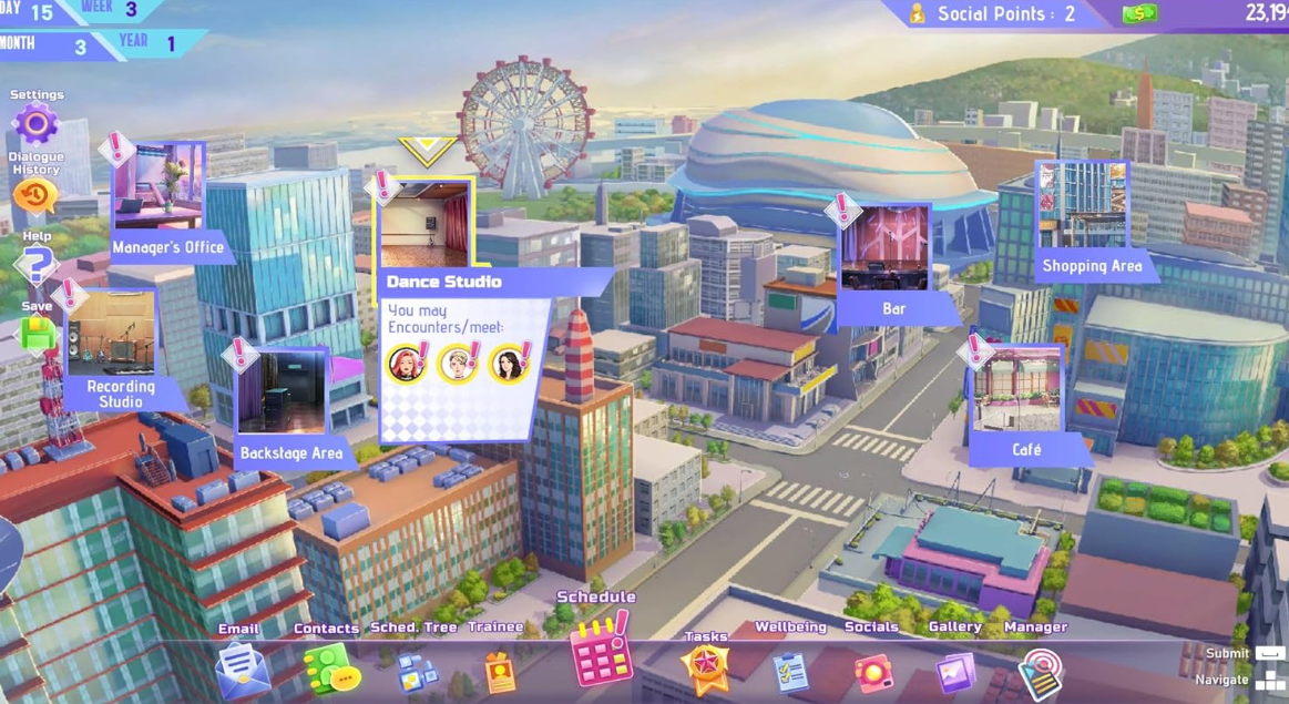 Eine virtuelle Stadtansicht mit Menüs für Managerbüro, Tanzstudio und Bar.