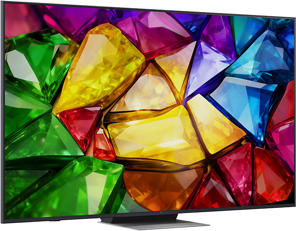 Egy modern televízió fényes, fazettált drágakő mintázatot jelenít meg a képernyőjén.