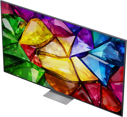 Egy modern TV színes drágakő dizájnt mutat a képernyőn, elegáns állvánnyal.