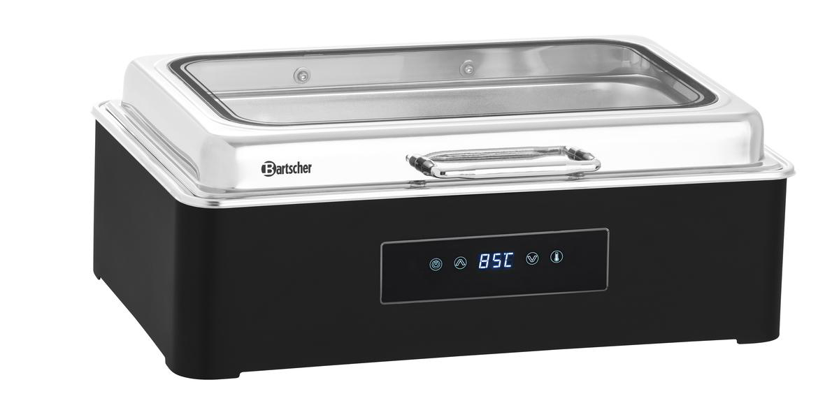 Ein schwarzer Bain-Marie-Wärmer mit silbernem Deckel und Griff.