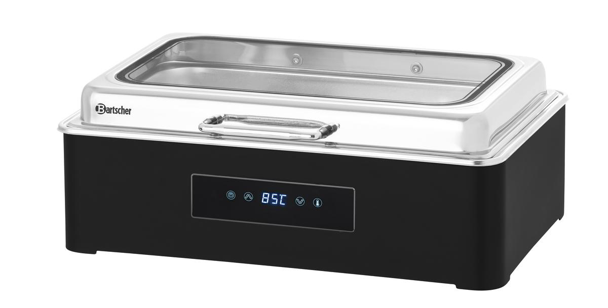 Ein schwarzer Bartscher Chafing Dish mit silbernem Deckel und digitaler Anzeige.