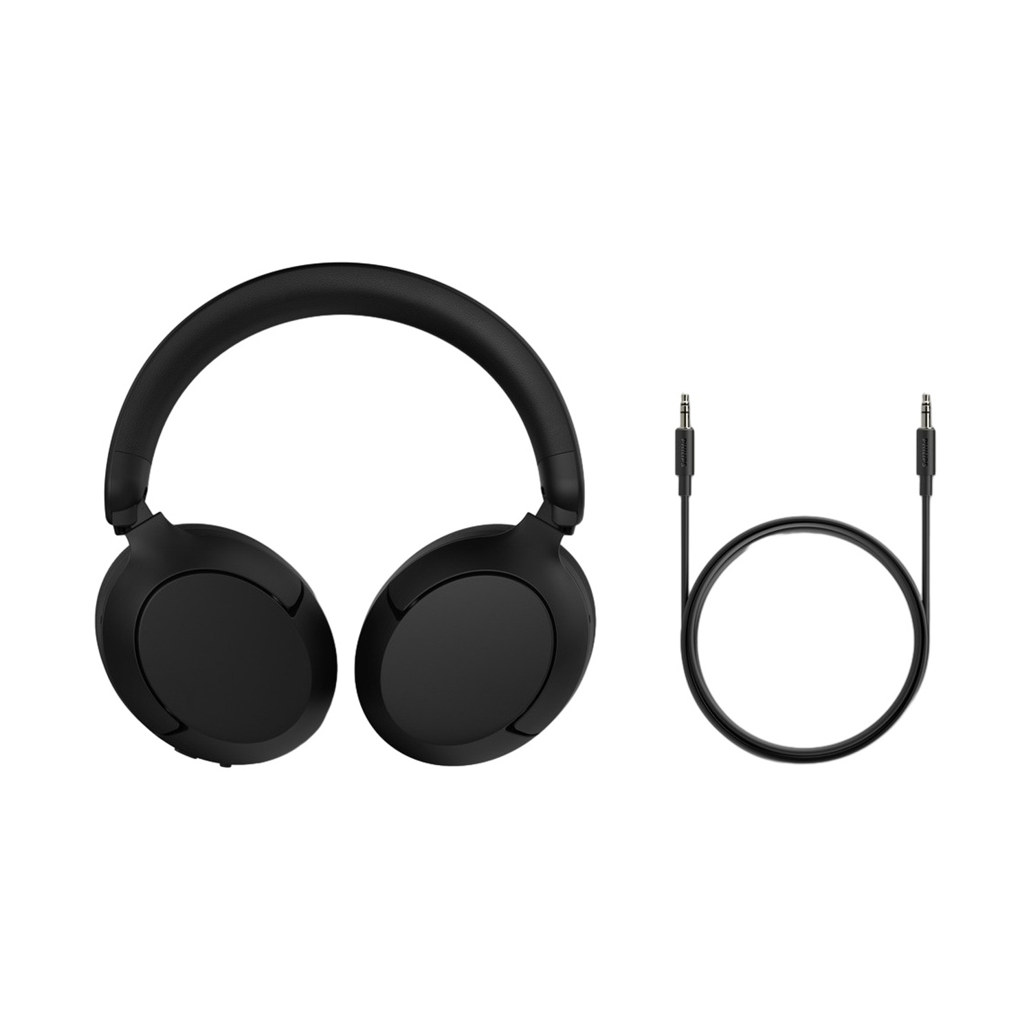 Cuffie nere e un cavo audio nero posizionati uno accanto all'altro.