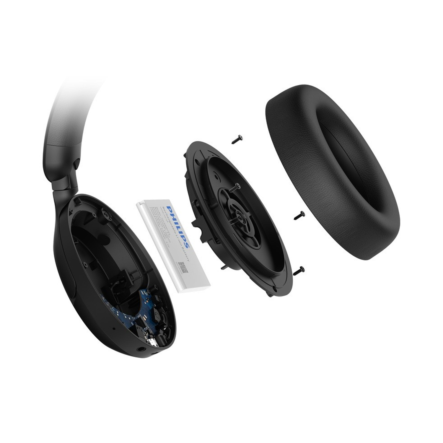 Cuffie nere smontate con batteria, circuito stampato e padiglione auricolare.