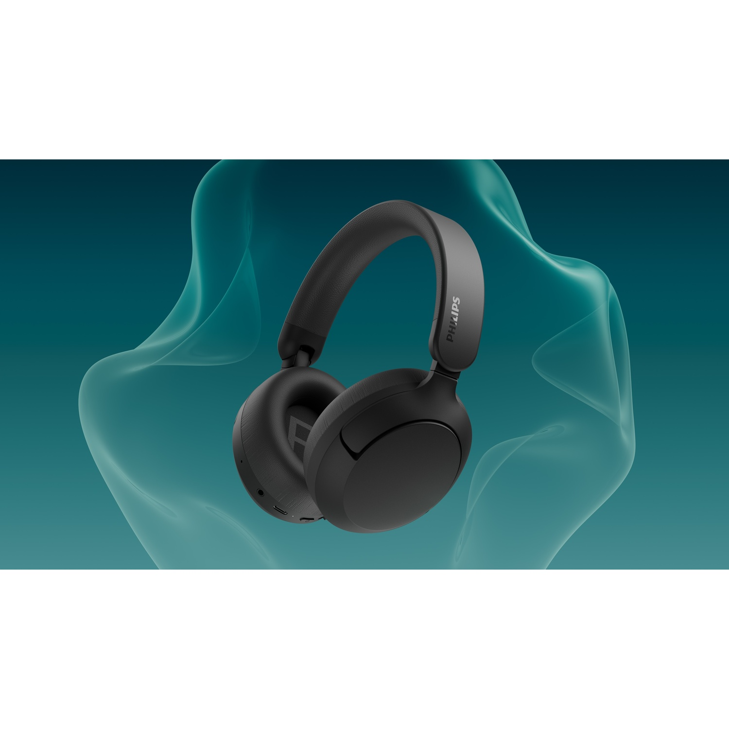 Cuffie Philips nere su sfondo blu ondulato.