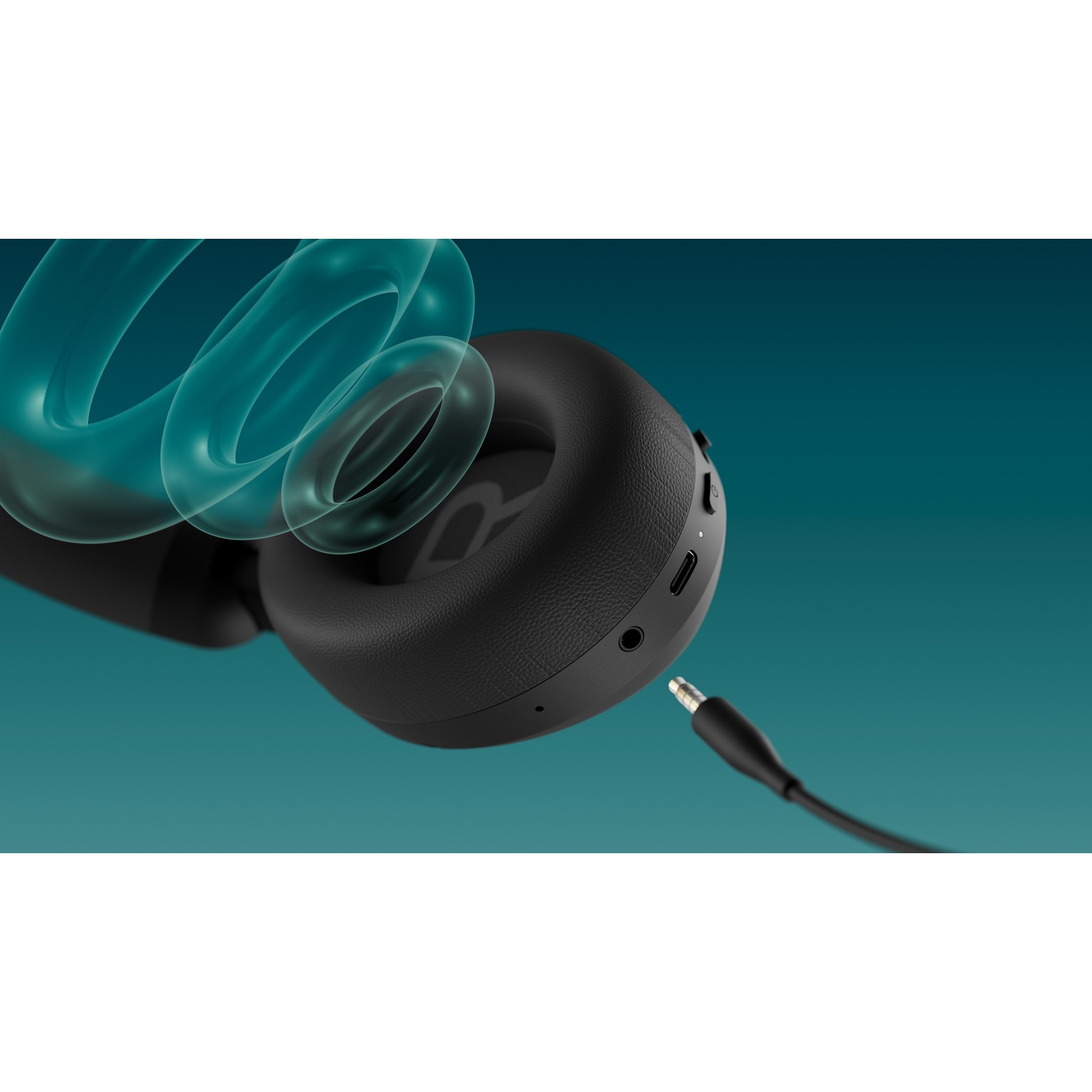 Cuffie nere con connessione via cavo e onde sonore blu.