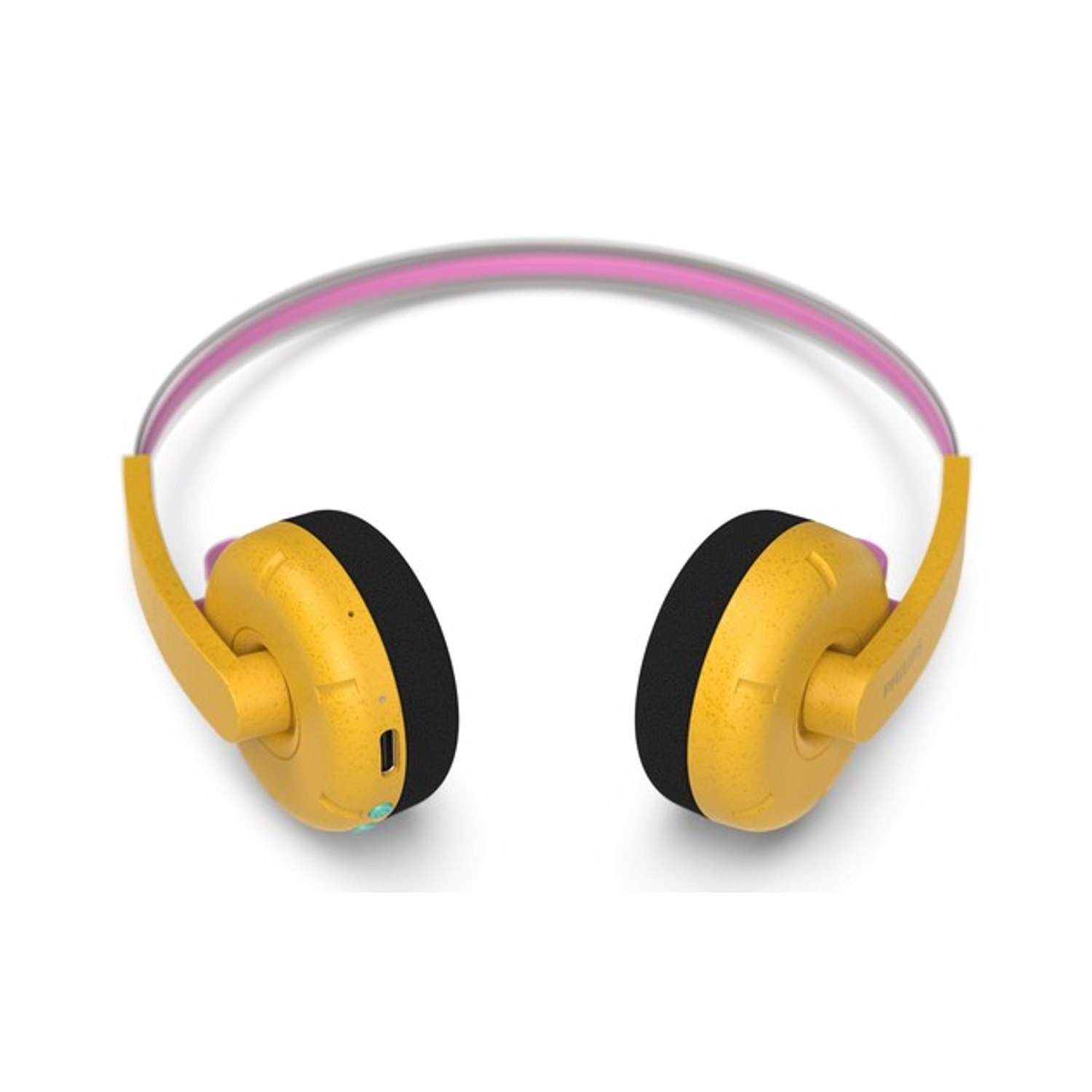 Cuffie gialle con archetto rosa e padiglioni neri su sfondo bianco.