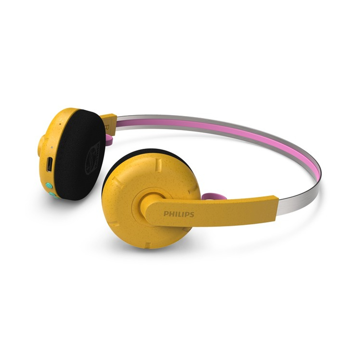 Cuffie Philips gialle con padiglioni neri e archetto argentato con accenti rosa.