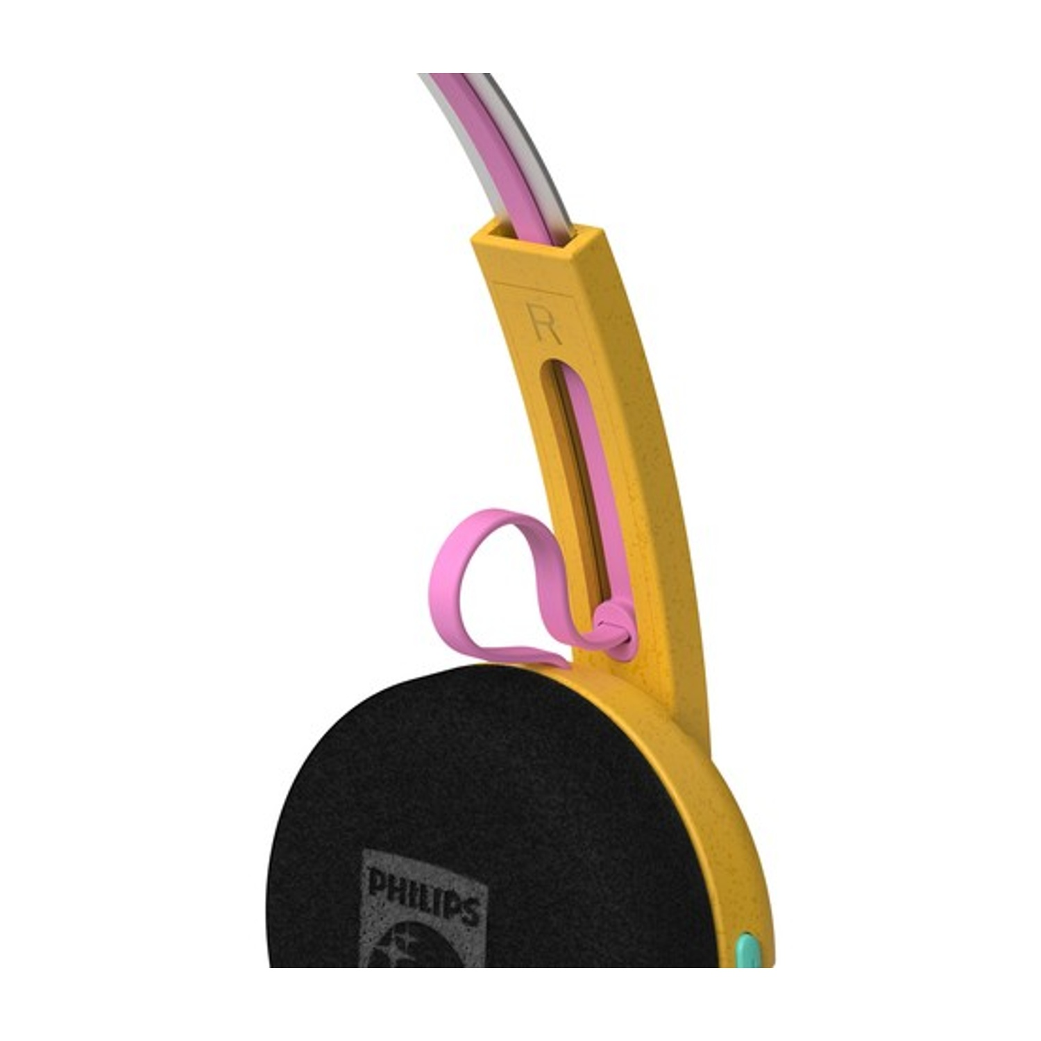 Archetto giallo per cuffie con accenti rosa e padiglione nero con logo Philips.