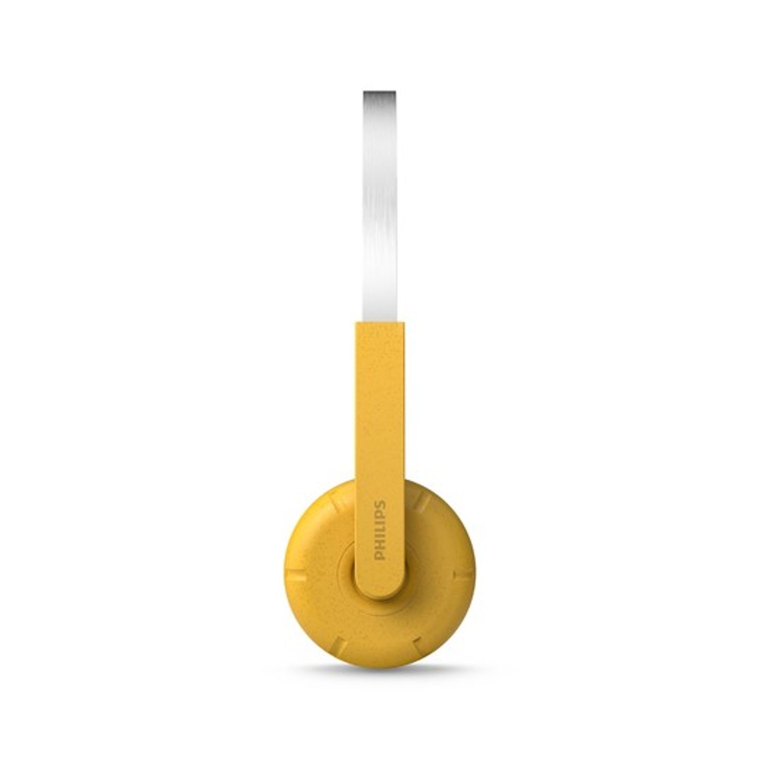 Un auricolare giallo con archetto argentato, su sfondo bianco.