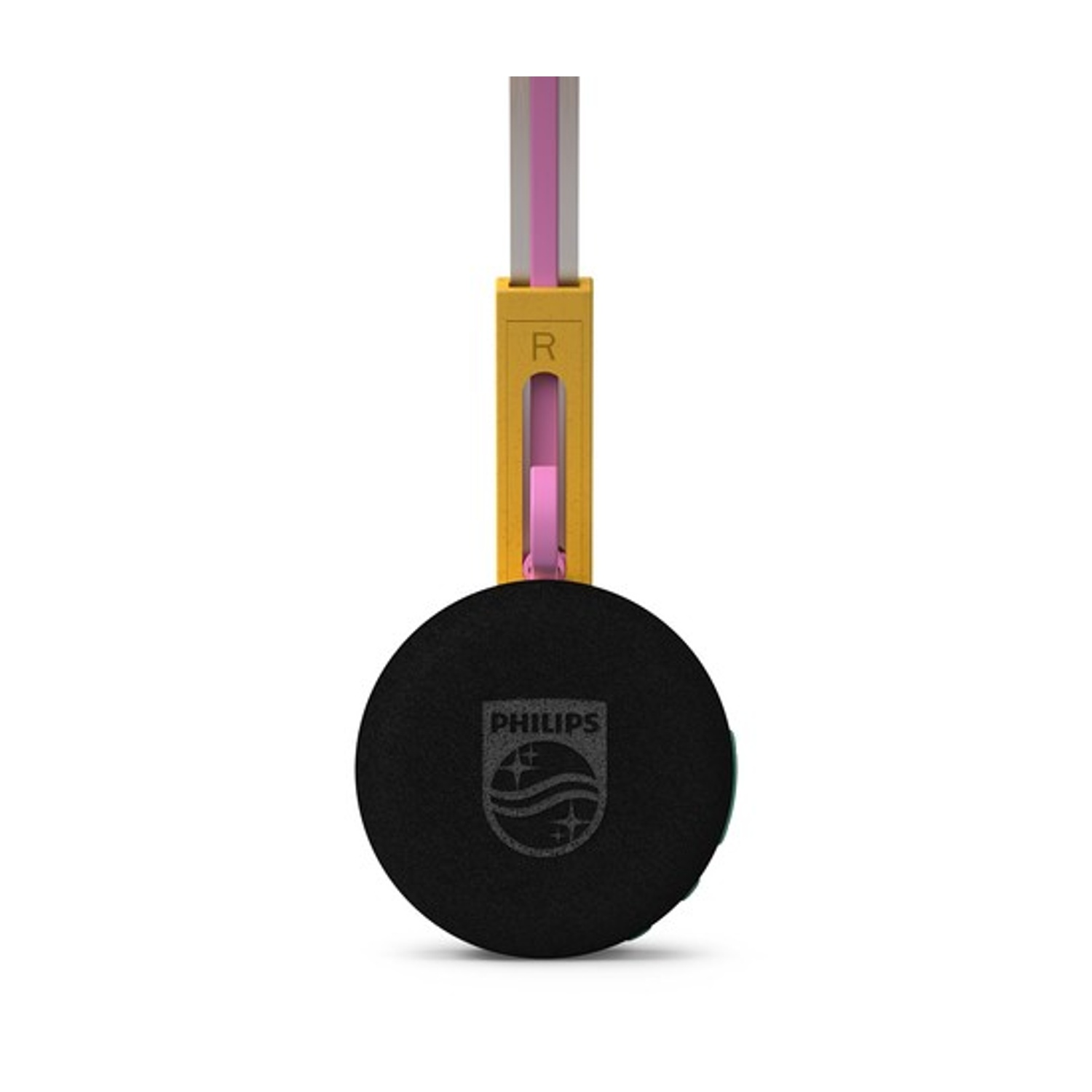 Un auricolare nero con accenti rosa e archetto giallo.