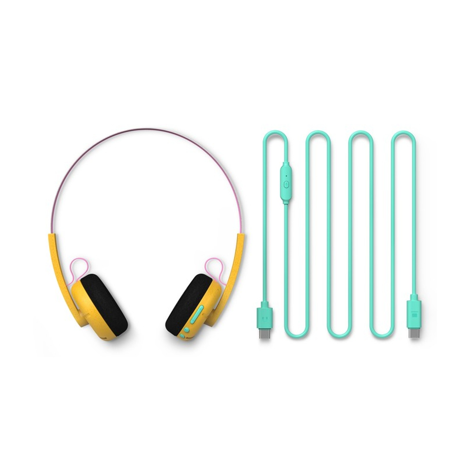 Cuffie gialle con archetto viola e cavo turchese con connettori USB-C.