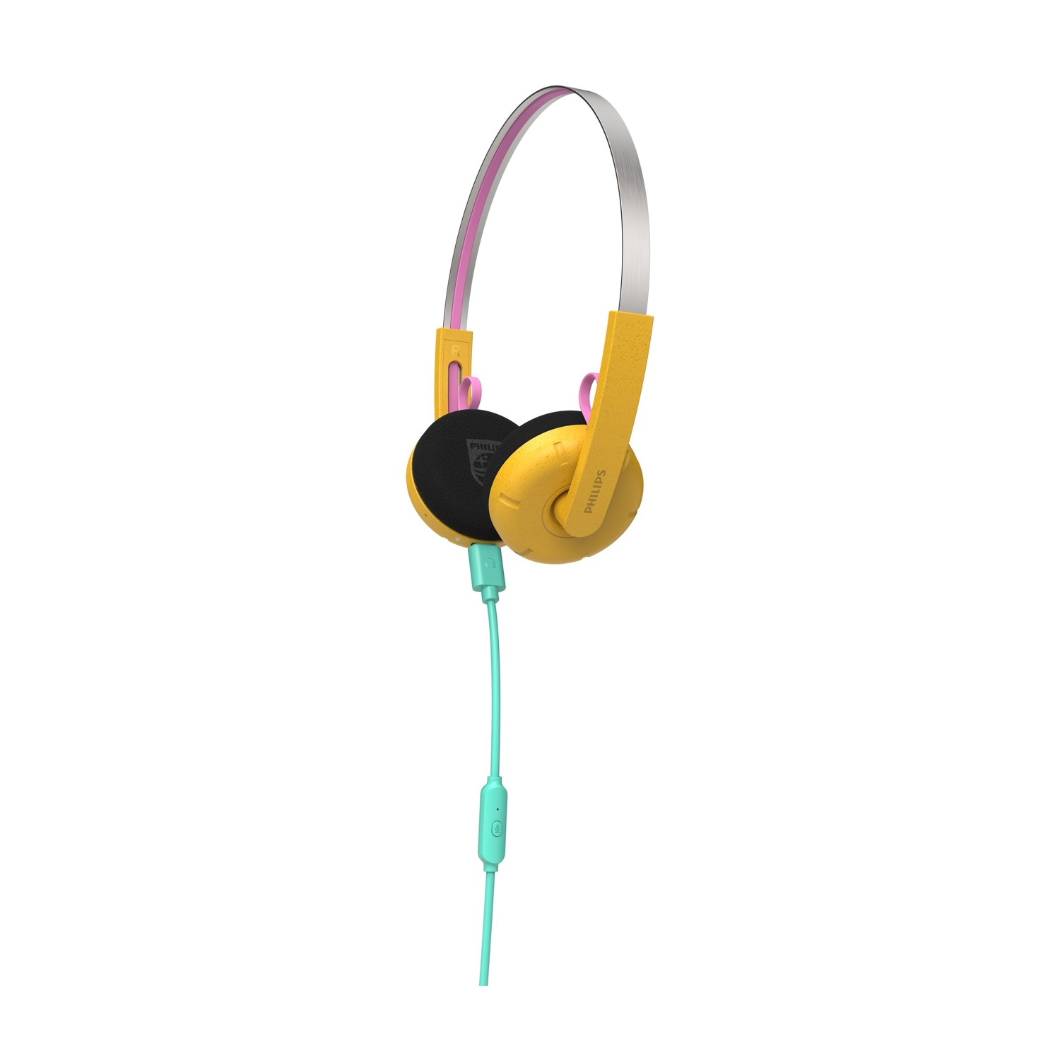 Cuffie gialle con fascia argentata e accenti rosa, cavo verde menta.
