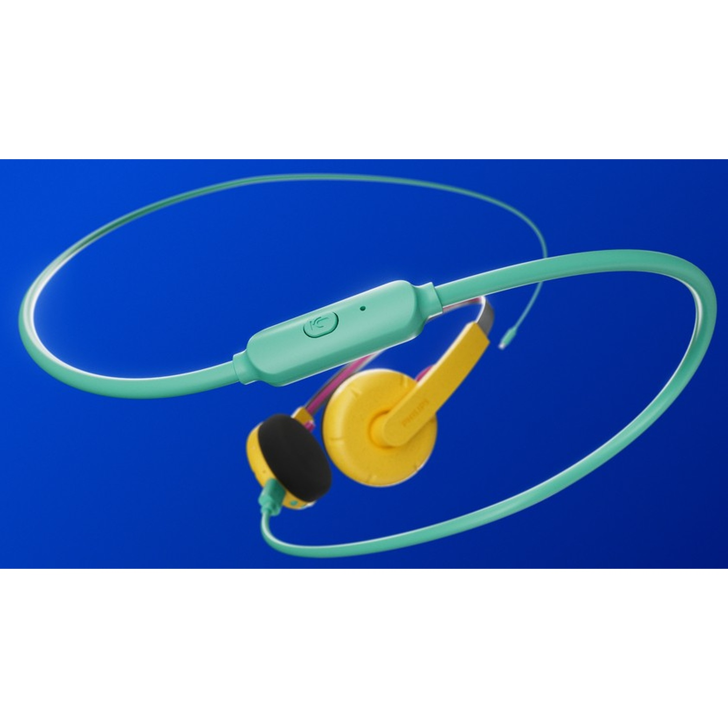 Un auricolare da collo color verde acqua con padiglioni gialli e cuscinetti neri su sfondo blu.