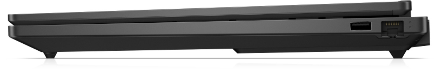 Czarny laptop widziany z boku, z portami USB i Ethernet.