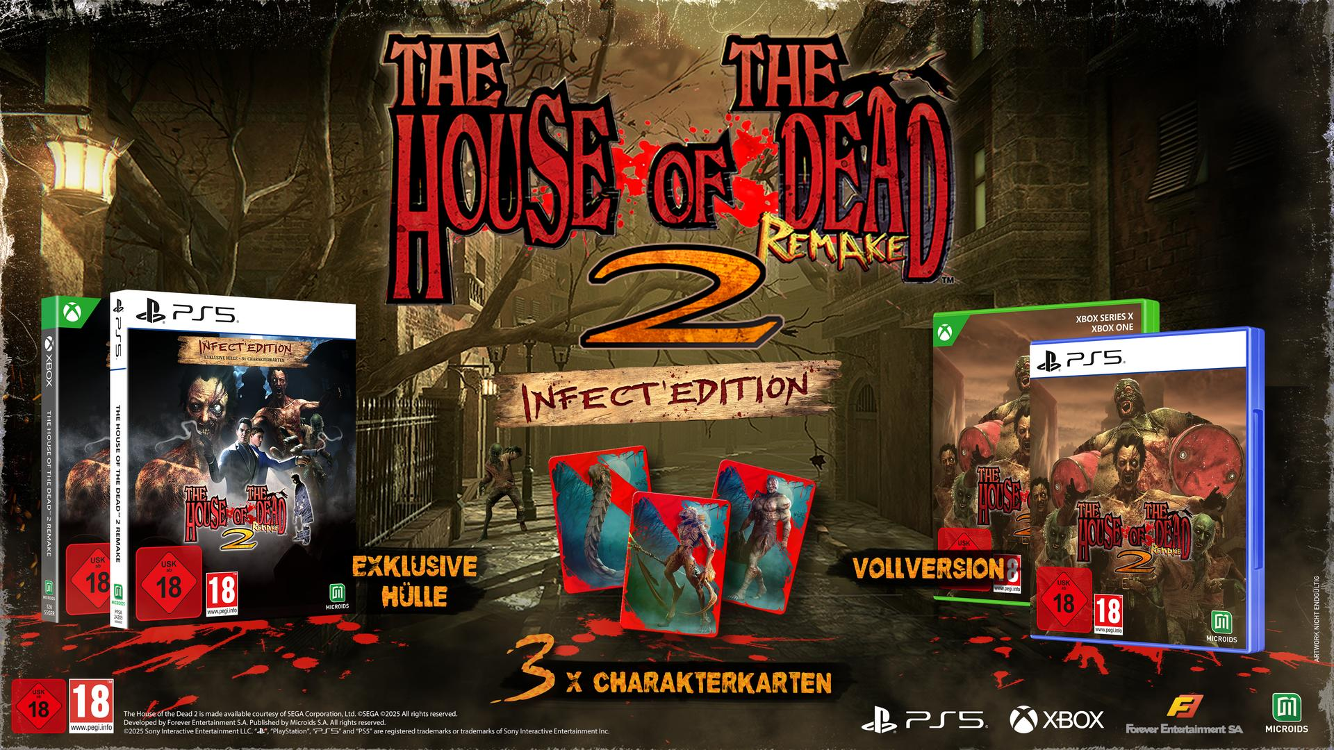 Spielverpackungen für 'The House of the Dead 2 Remake' für PS5 und Xbox, mit Charakterkarten.