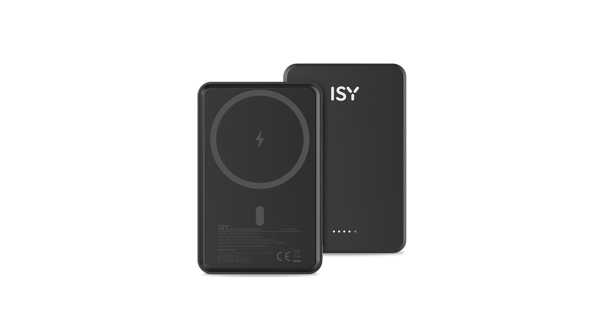 Zwei schwarze ISY Powerbanks nebeneinander, eine mit Ladeanzeige.
