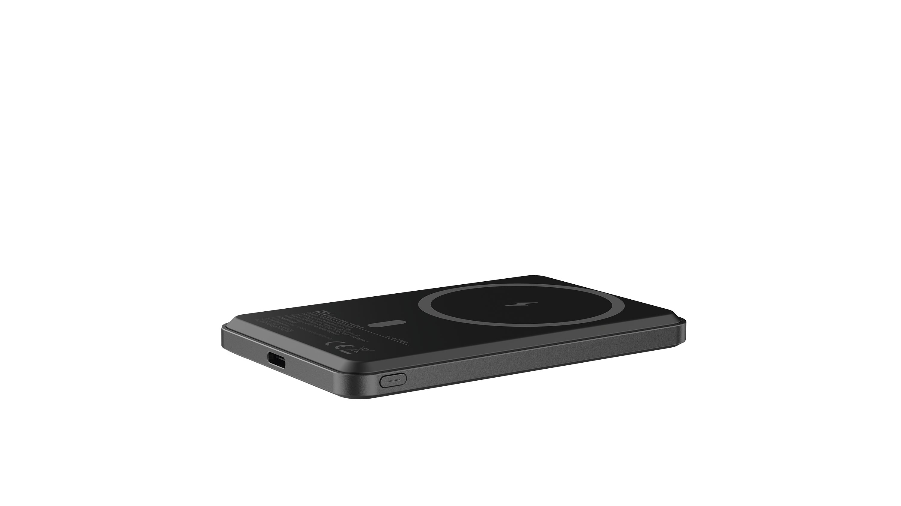 Schwarzes, rechteckiges Ladegerät mit kabelloser Ladefunktion und USB-C-Anschluss.