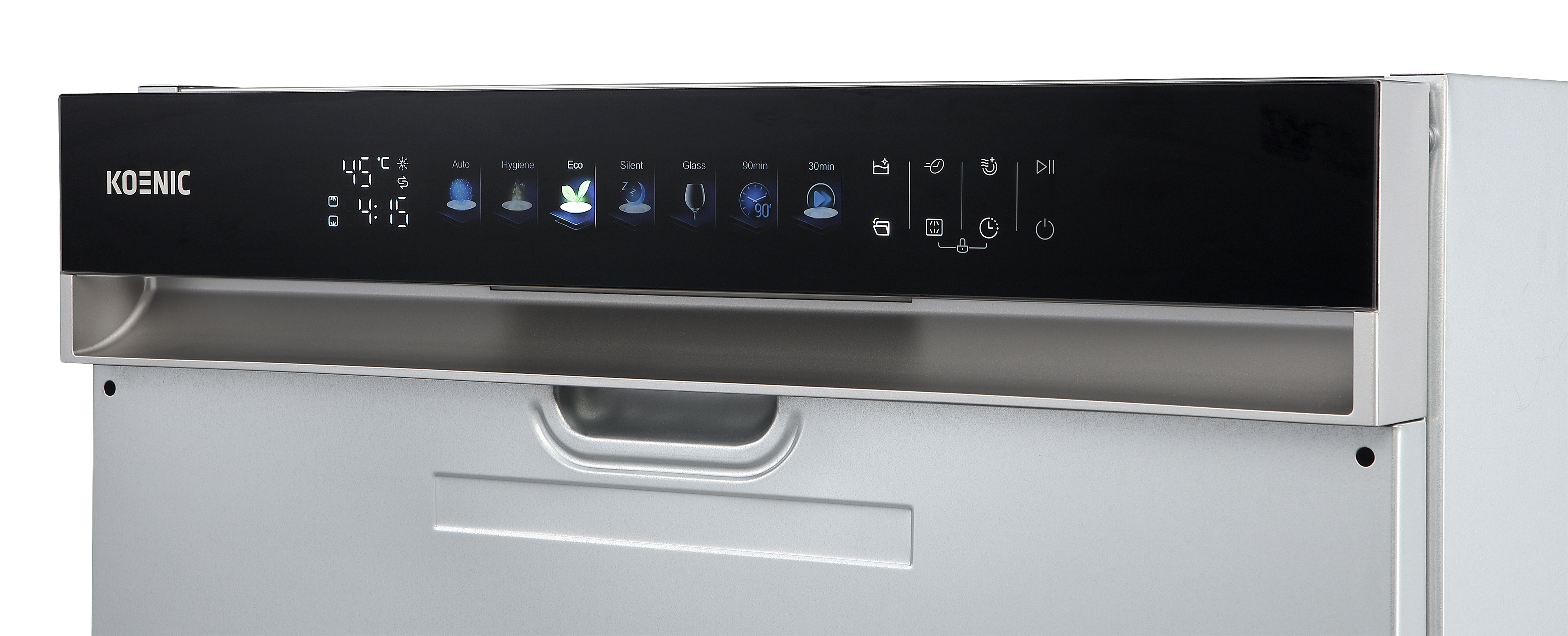 Das Bedienfeld einer Spülmaschine mit Programm-Icons und Zeitangabe.