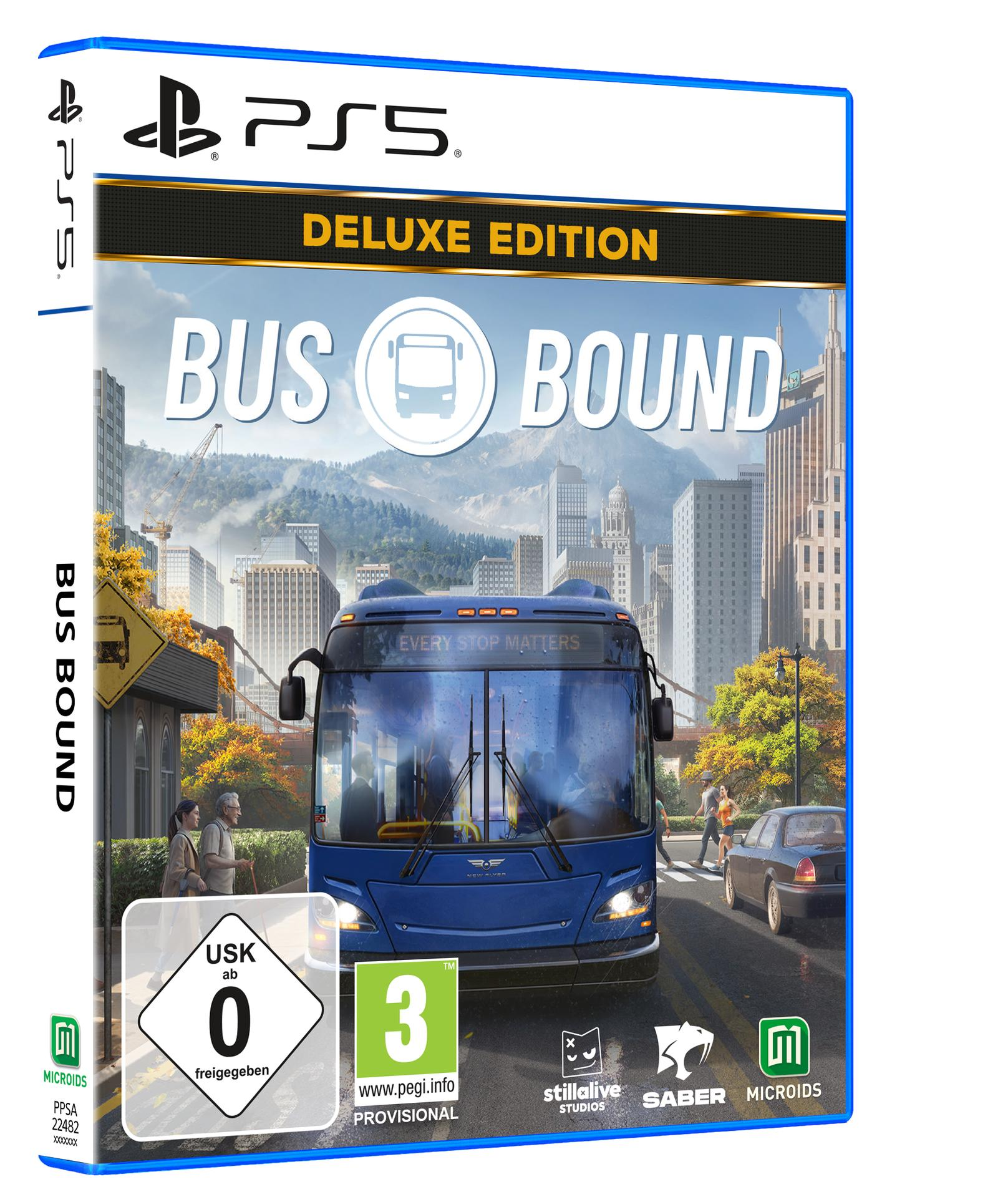 Das Cover des PS5 Spiels Bus Bound Deluxe Edition zeigt einen blauen Bus vor einer Stadtkulisse.