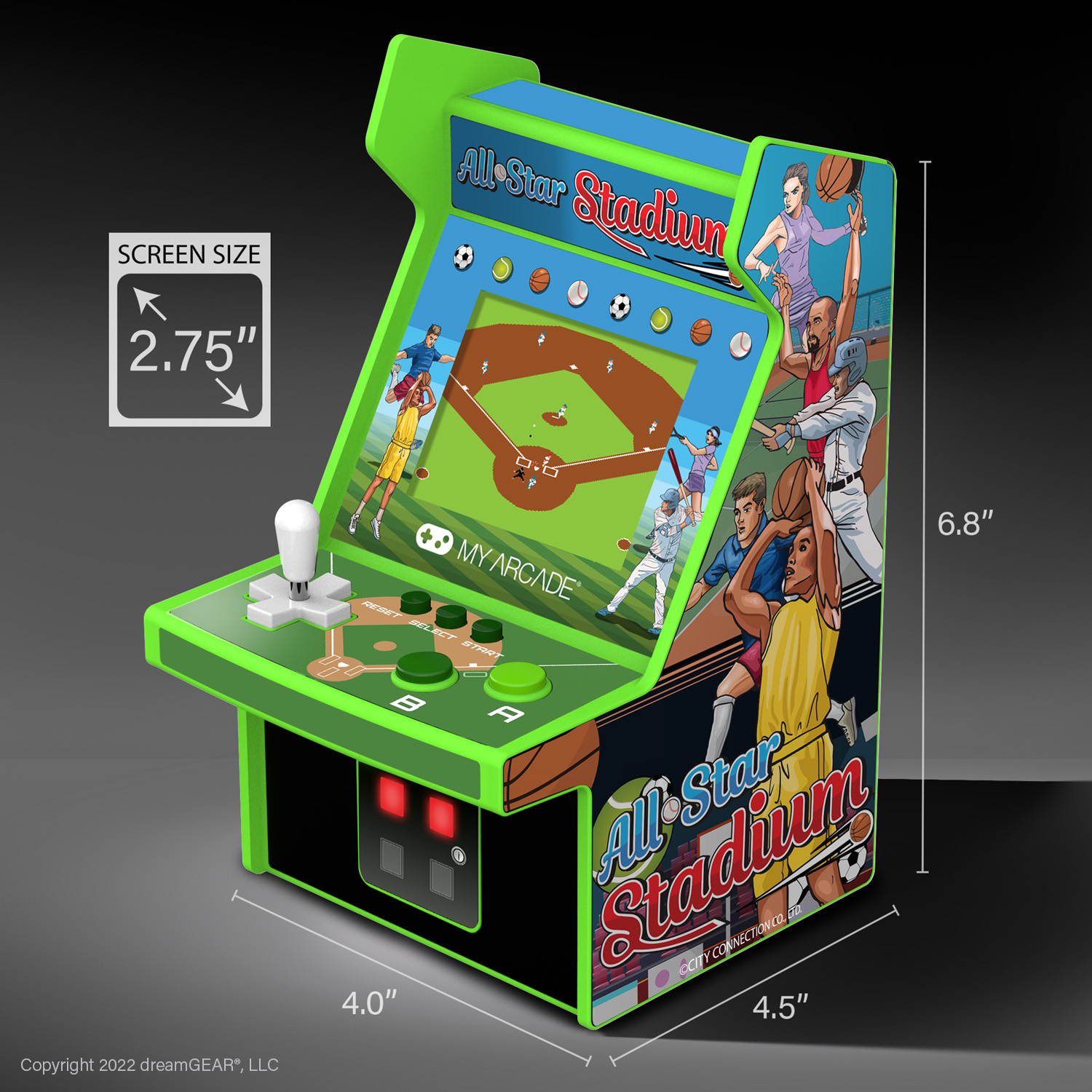 Zöld mini arcade játék sportgrafikával, 2,75 hüvelykes képernyővel, joystickkal és gombokkal.