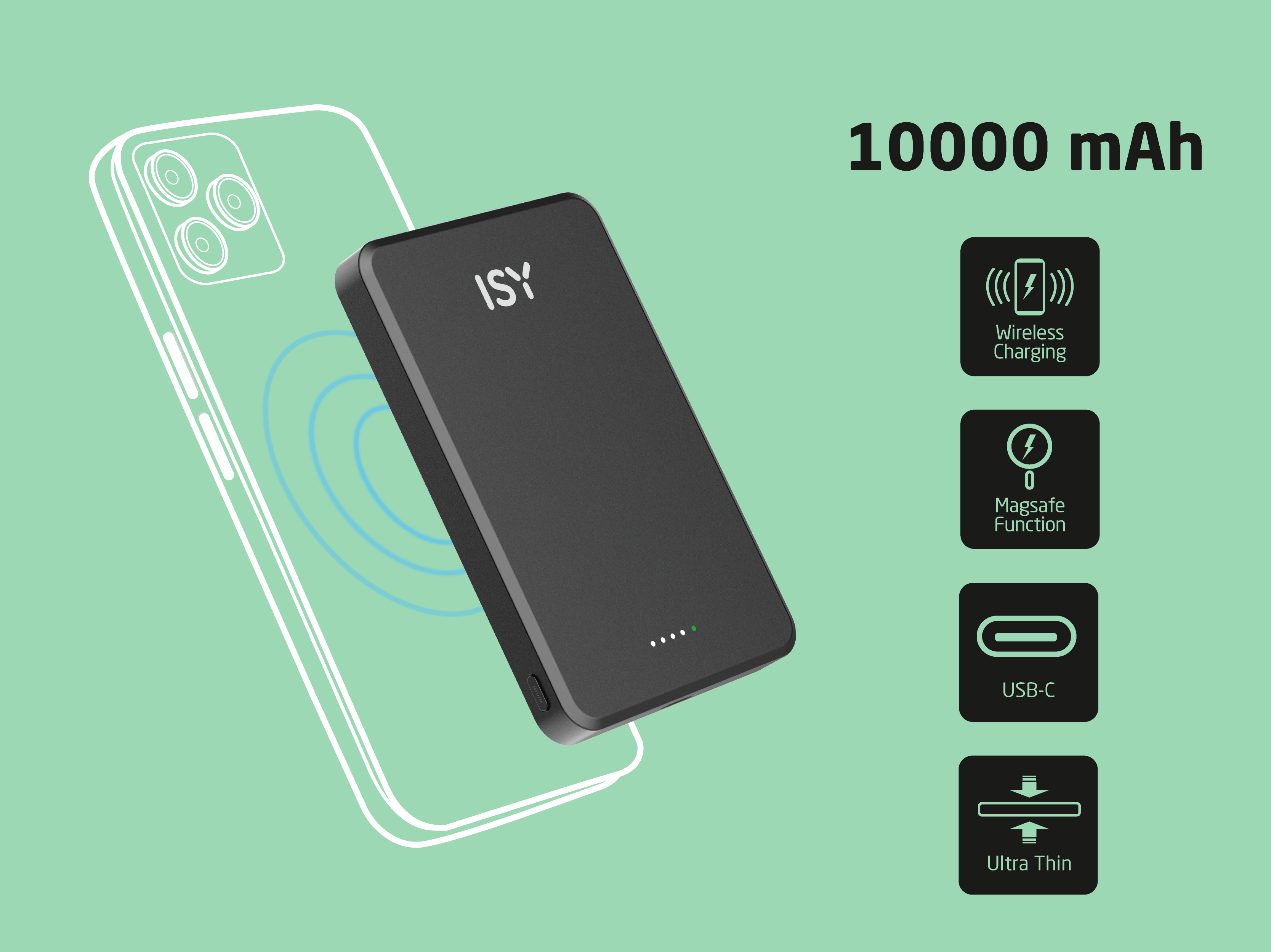 Schwarzes ISY Powerbank lädt iPhone. 10000 mAh, Wireless Charging, Magsafe.