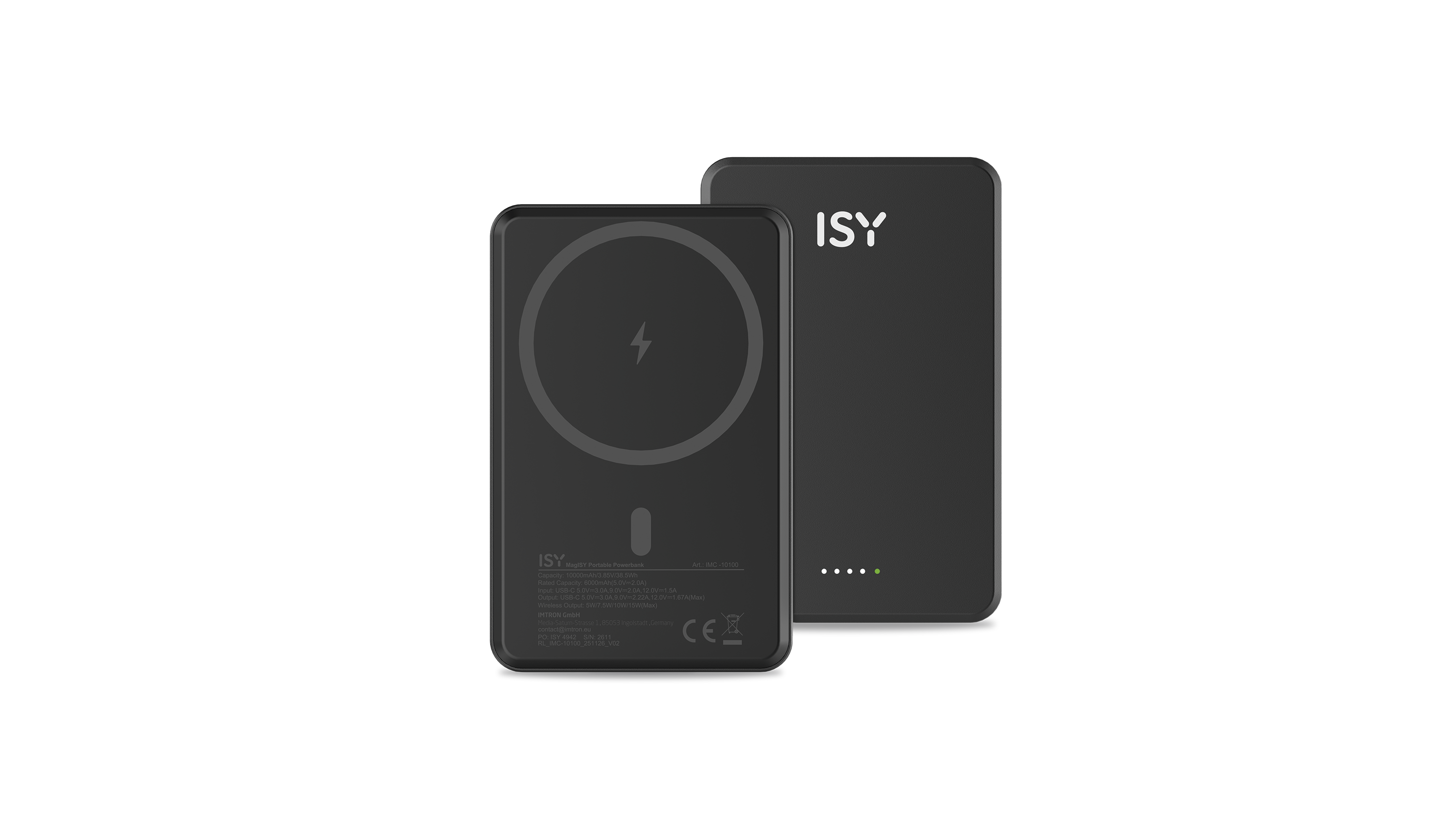Zwei schwarze ISY Powerbanks nebeneinander, eine mit Ladeanzeige.