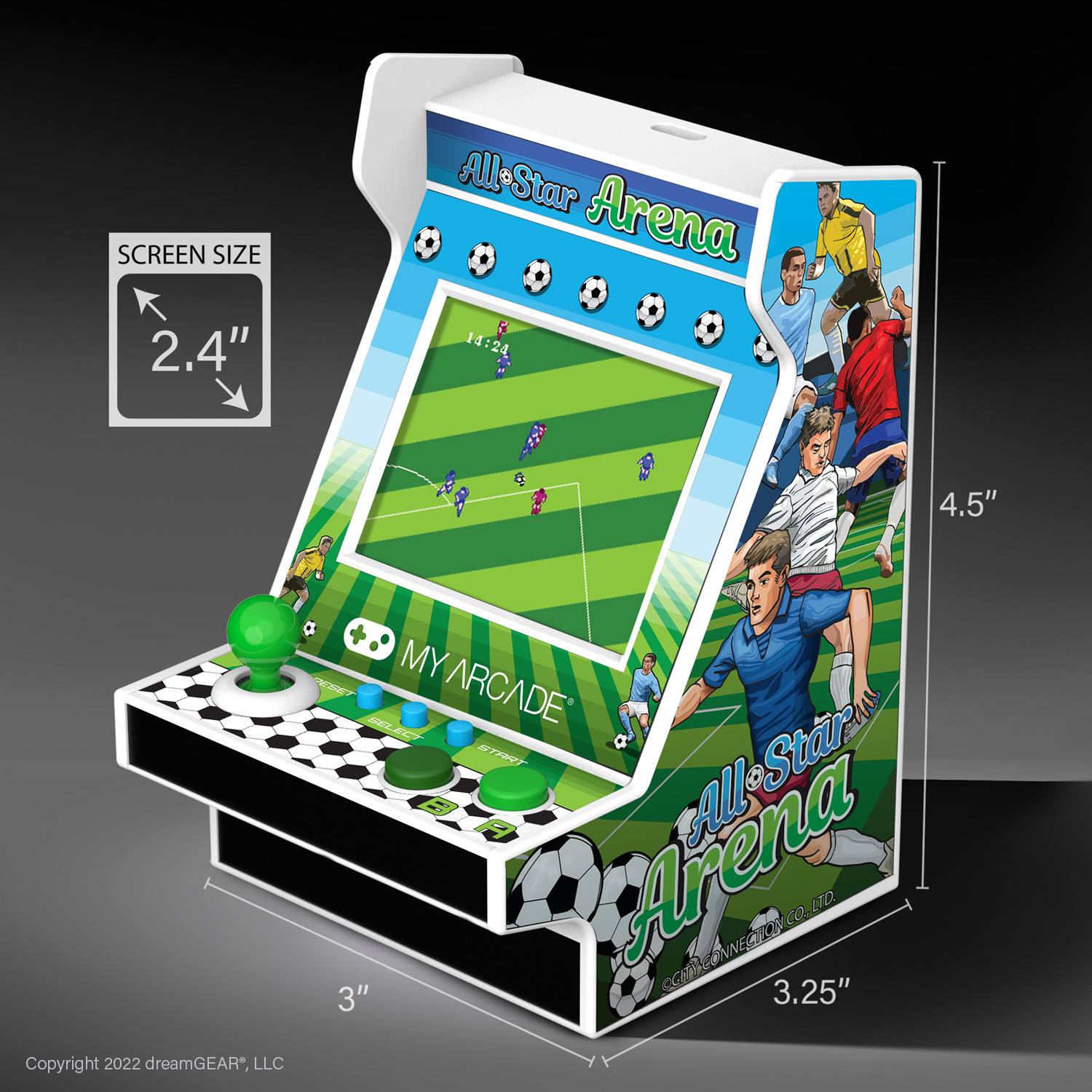 Mini arcade gép focis témával és 2,4 hüvelykes képernyővel. Méretek: 7,6x11,4x8,3 cm.