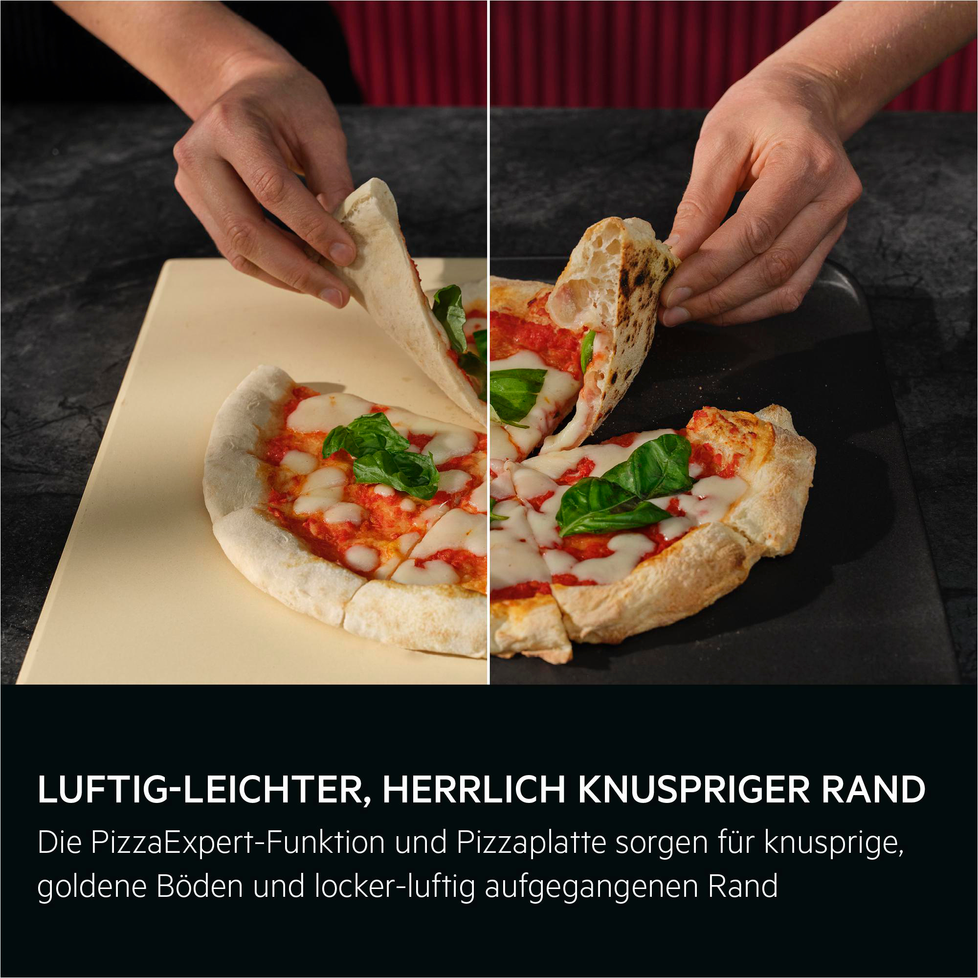 Hände zeigen einen frisch gebackenen Pizza-Rand, einmal ungebräunt, einmal knusprig.
