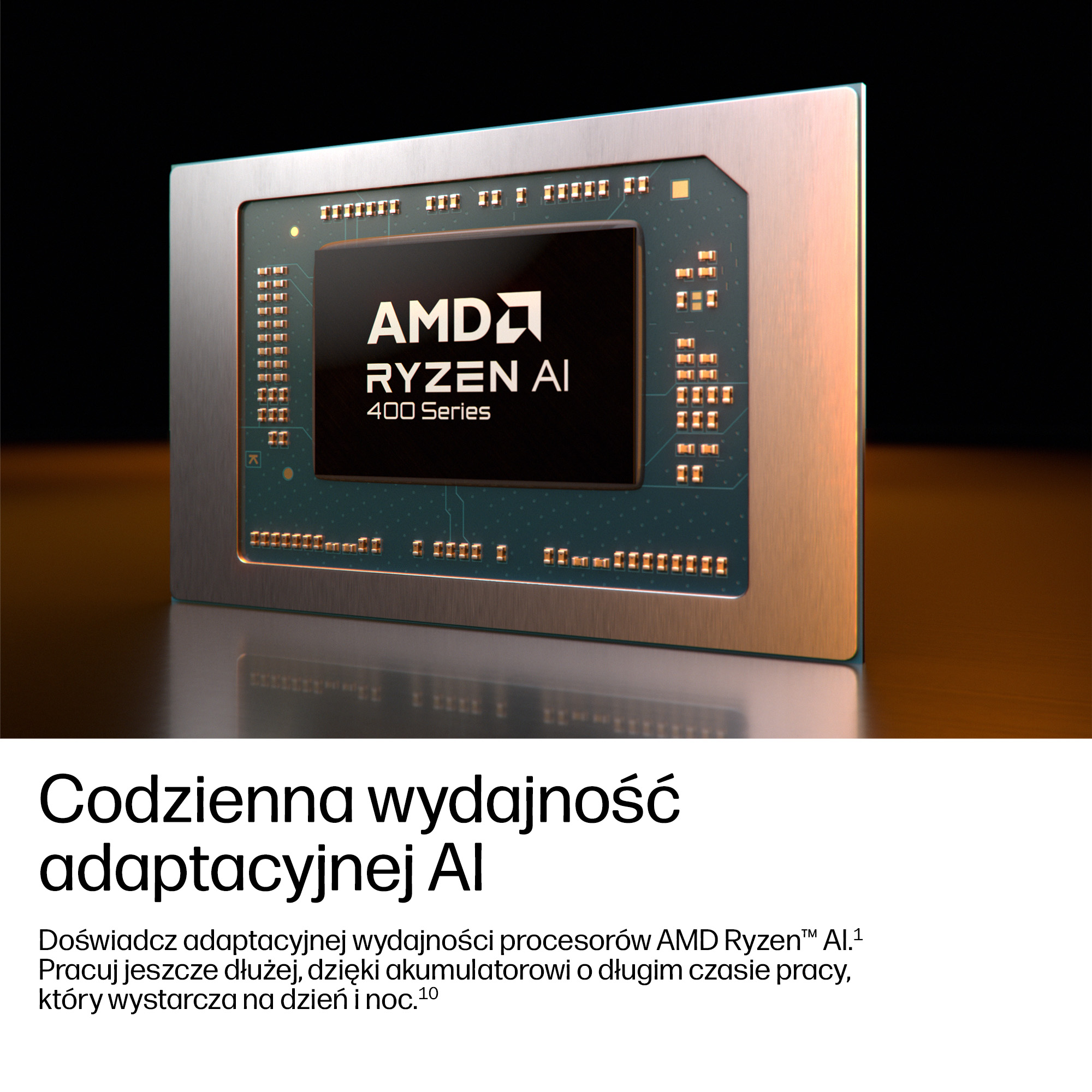 Procesor AMD Ryzen AI seria 400 z metalową obudową i płytką drukowaną.