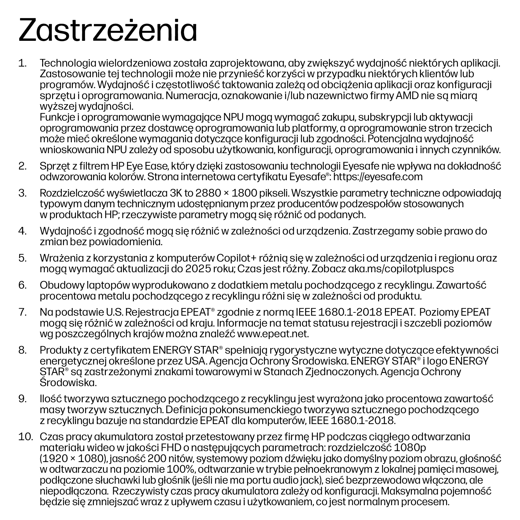 Strona z polskimi uwagami dotyczącymi specyfikacji technicznych i certyfikatów.