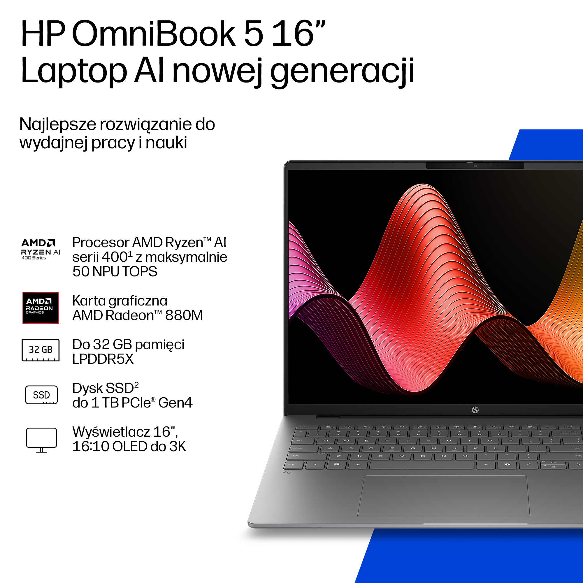 Laptop HP OmniBook 5 16" z procesorem AMD Ryzen AI i kartą Radeon.