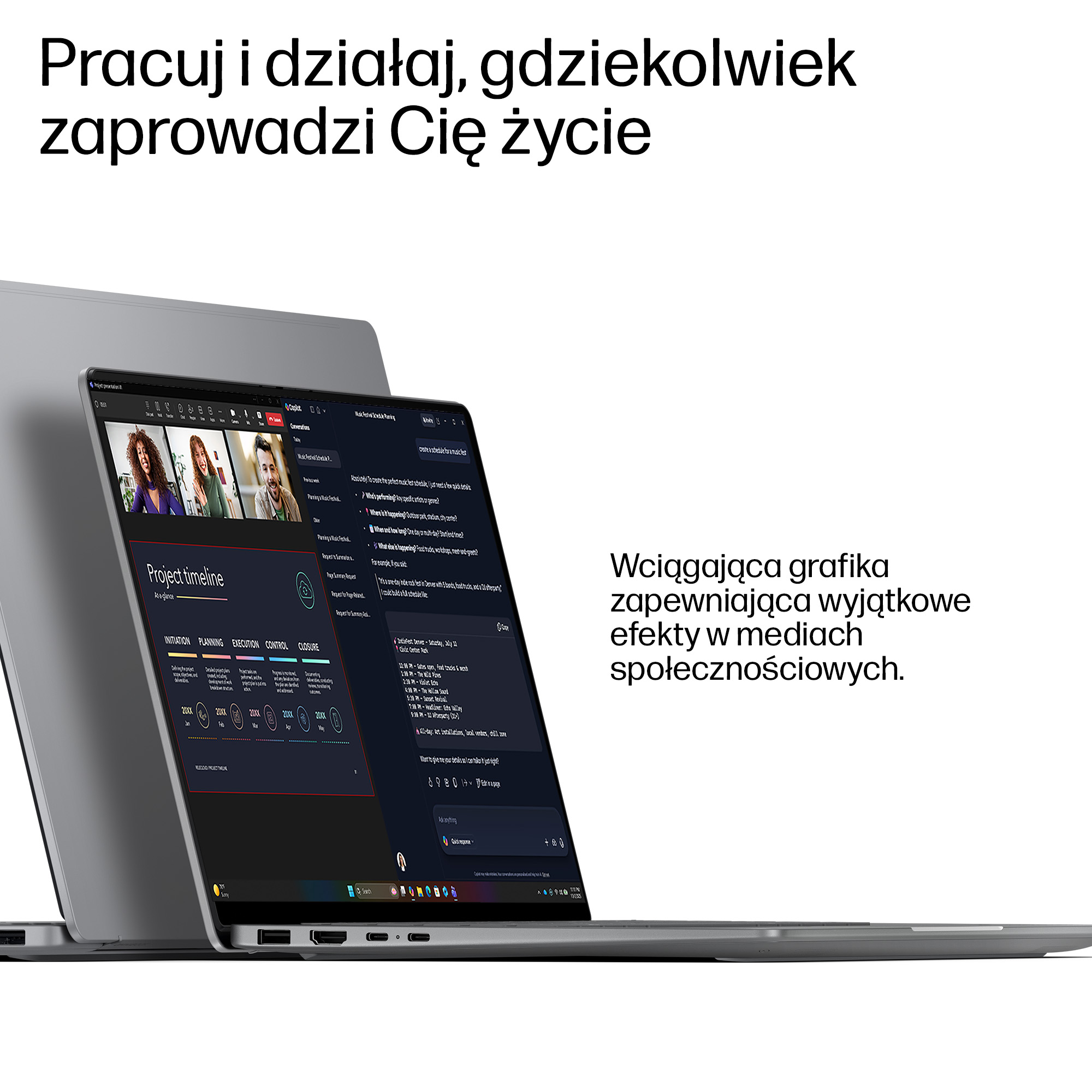 Laptop wyświetla oś czasu projektu i układ wideokonferencji z trzema osobami.