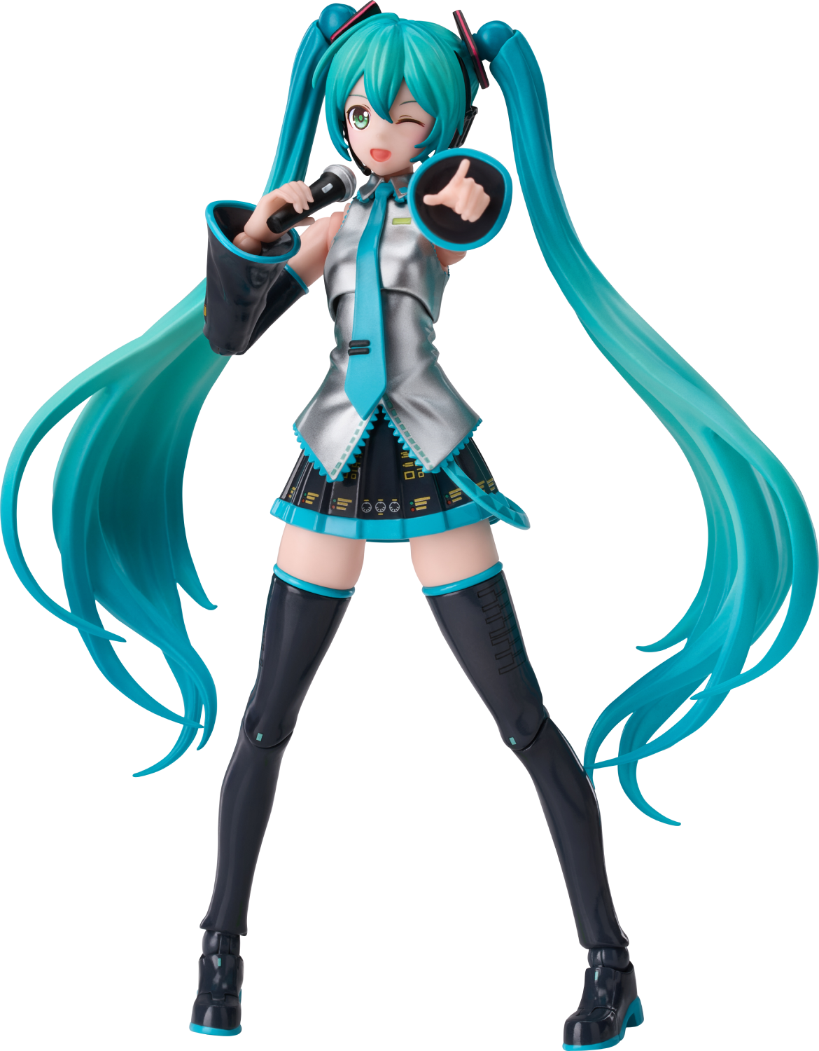Figura de Miku Hatsune con coletas turquesa sosteniendo un micrófono.