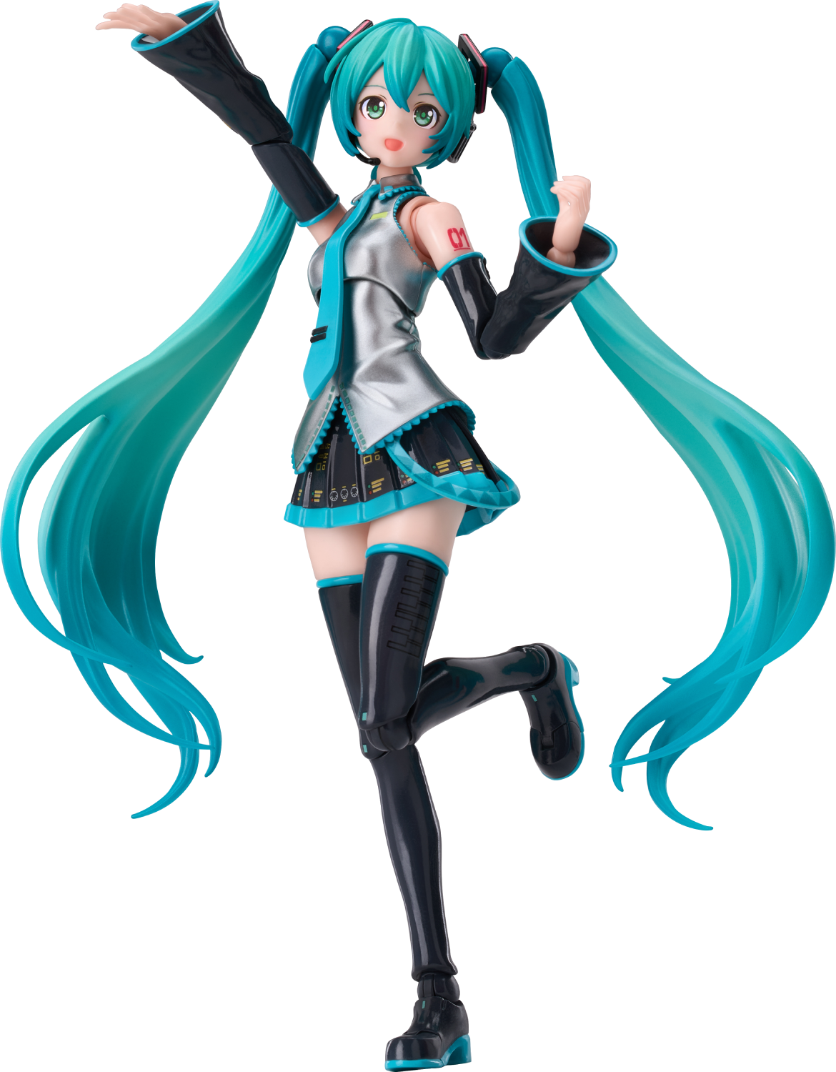 Una figura de Hatsune Miku con cabello turquesa en coletas, en pose dinámica.