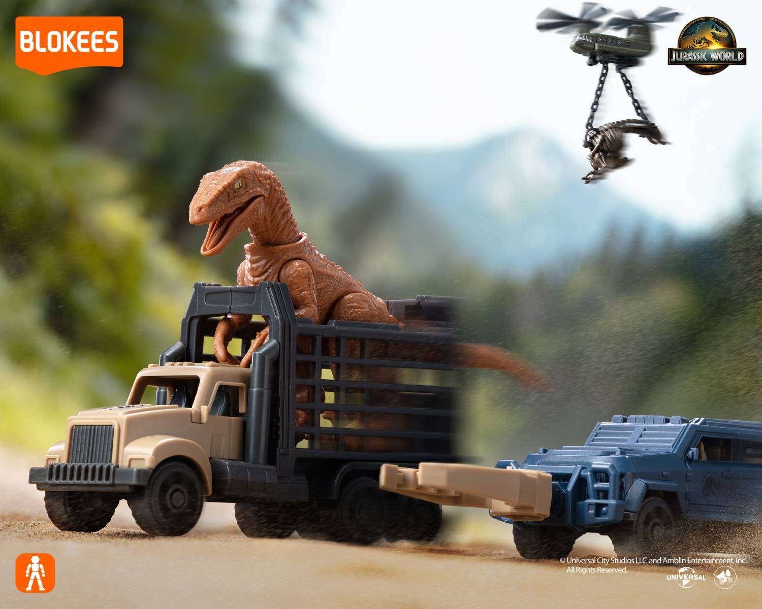Un dinosaurio de juguete marrón en un camión, un helicóptero vuela con un dino.